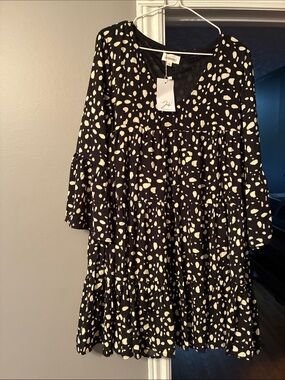&merci Black and Cream Printed Dalmatian Baby Doll Midi Dress with Frilled Cuffs